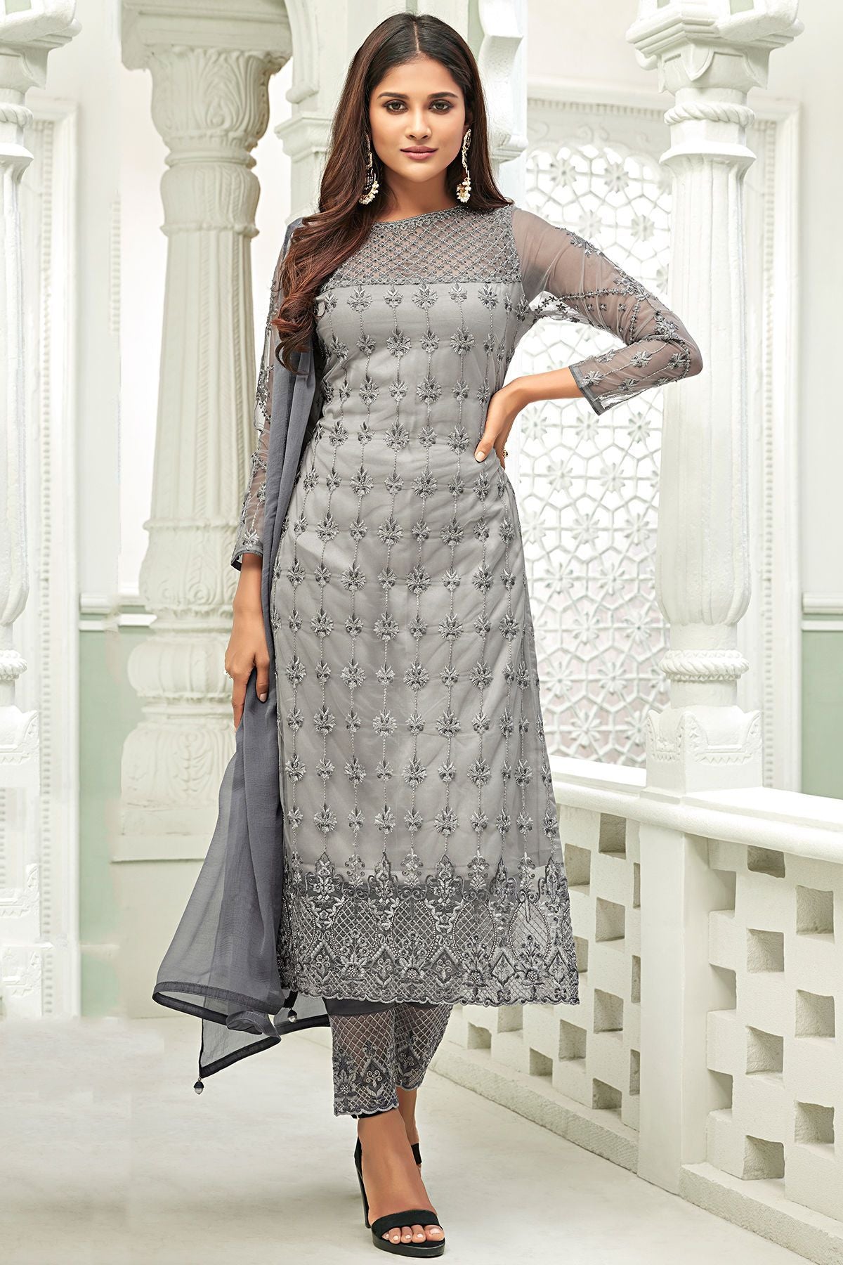 Silver Grey Net Party Wear Stright Cut Suit