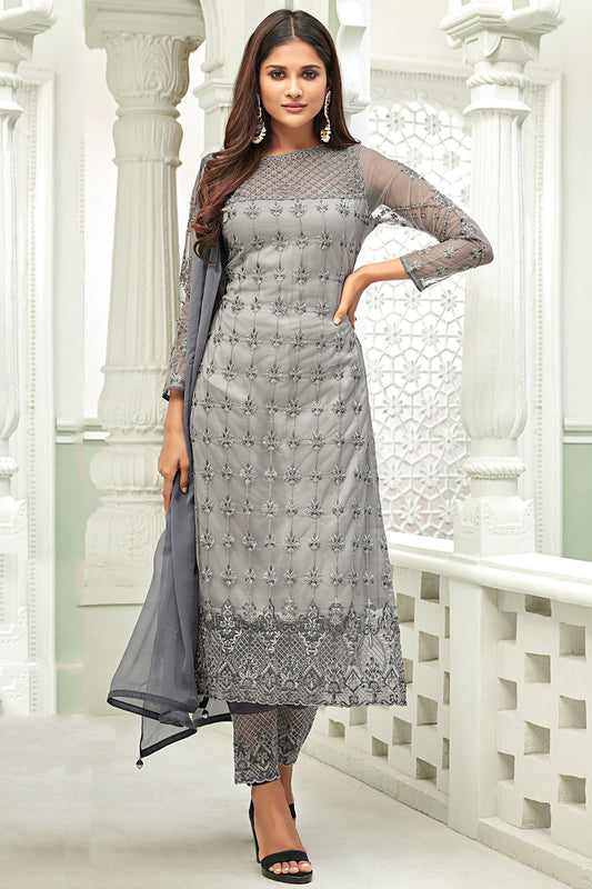 Silver Grey Net Party Wear Stright Cut Suit