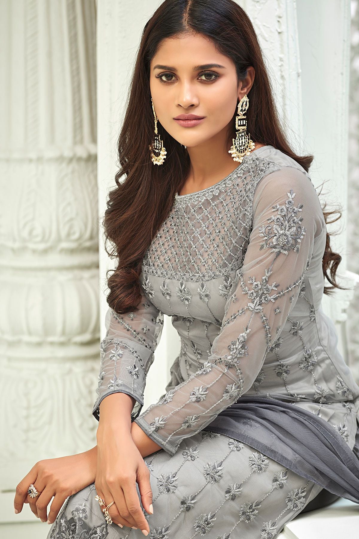 Silver Grey Net Party Wear Stright Cut Suit