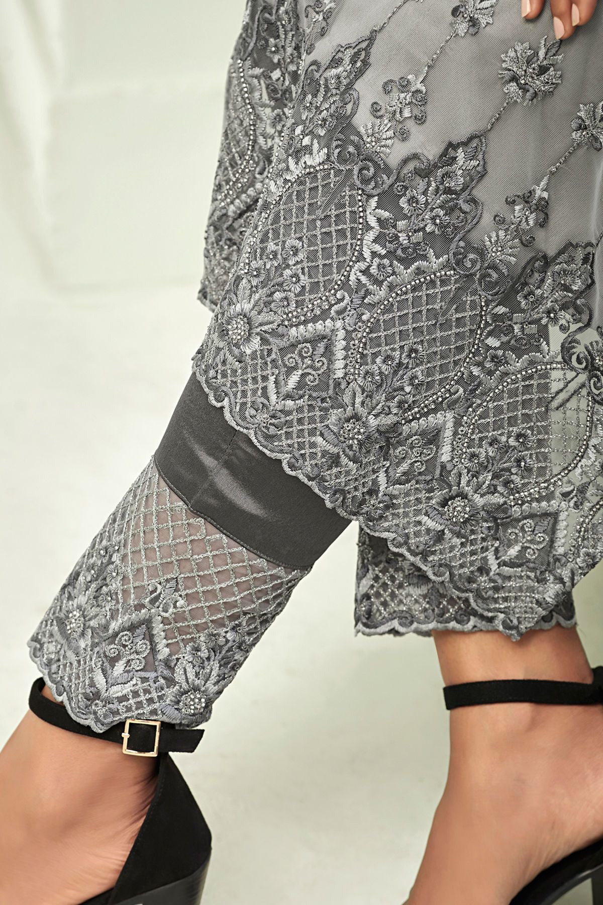 Silver Grey Net Party Wear Stright Cut Suit