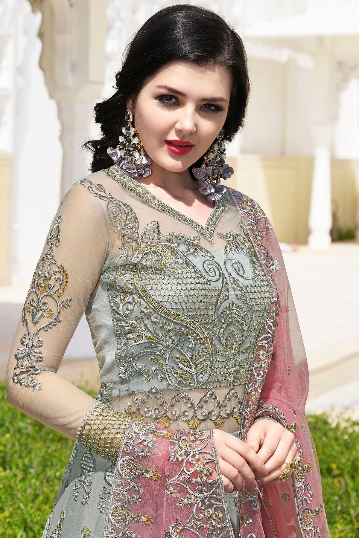 Silver Grey Net Slit Cut Anarkali Suit