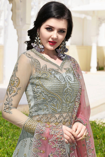 Silver Grey Net Slit Cut Anarkali Suit