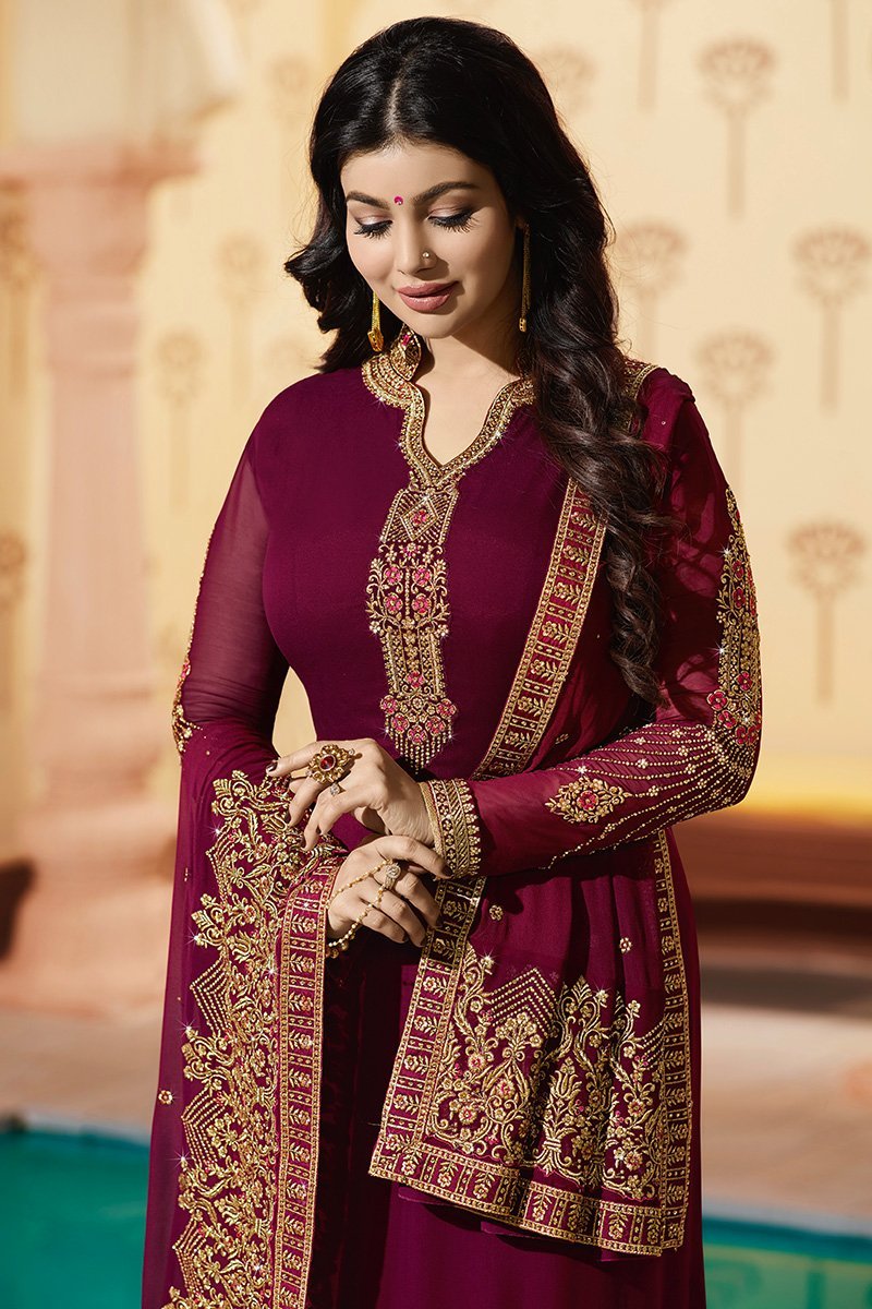 Magenta Pure Georgette Suit with Embroidery and Swarovski Work