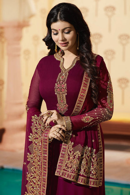 Magenta Pure Georgette Suit with Embroidery and Swarovski Work