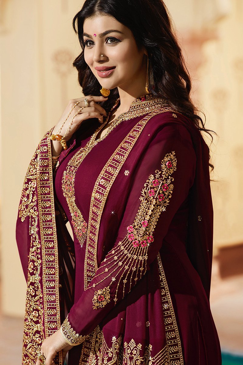 Magenta Pure Georgette Suit with Embroidery and Swarovski Work