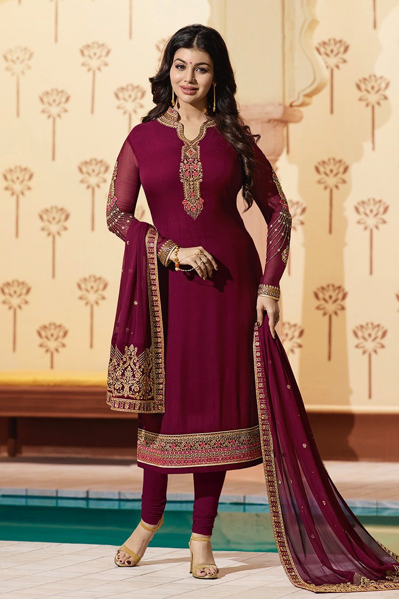 Magenta Pure Georgette Suit with Embroidery and Swarovski Work