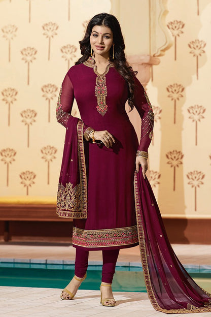 Magenta Pure Georgette Suit with Embroidery and Swarovski Work