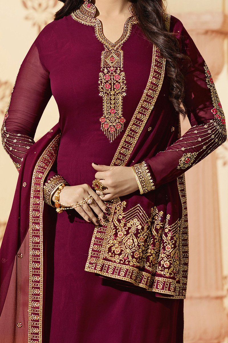 Magenta Pure Georgette Suit with Embroidery and Swarovski Work