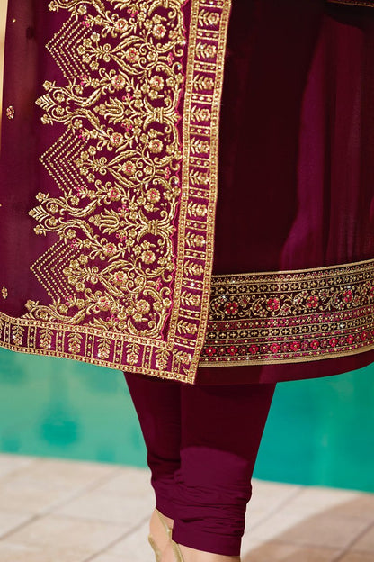 Magenta Pure Georgette Suit with Embroidery and Swarovski Work