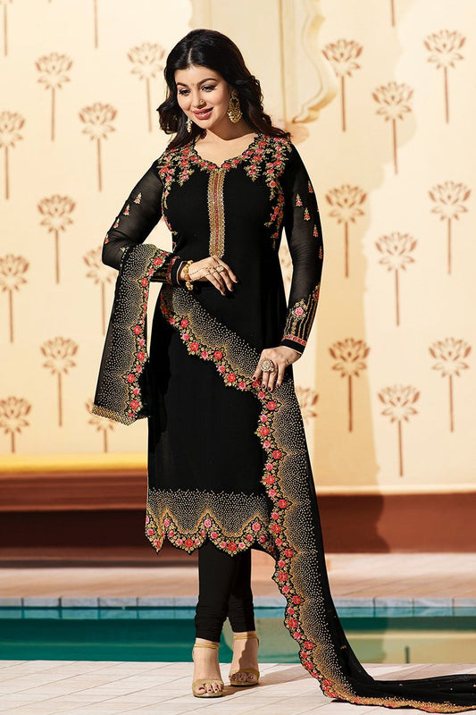 Midnight-Black Pure Georgette Suit with Embroidery and Swarovski Work