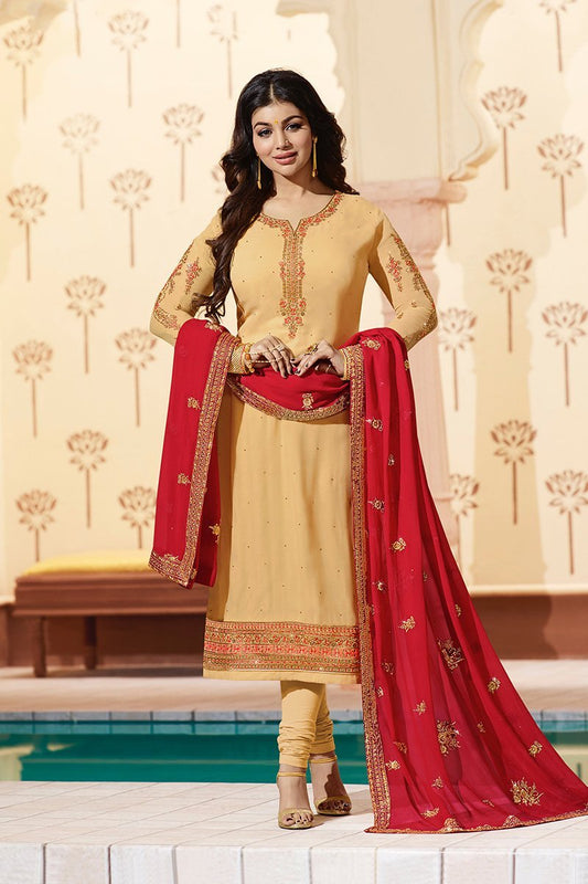 Lemon Pure Georgette Suit with Embroidery and Swarovski Work