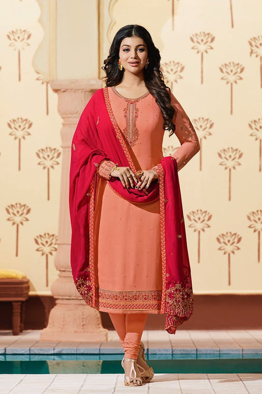 Peach Pure Georgette Suit with Embroidery and Swarovski Work