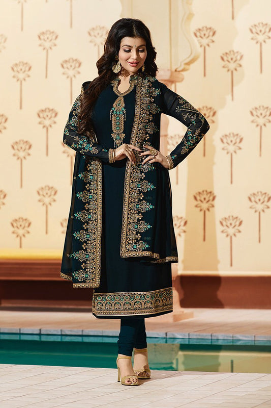 Prussian-Blue Pure Georgette Suit with Embroidery and Swarovski Work