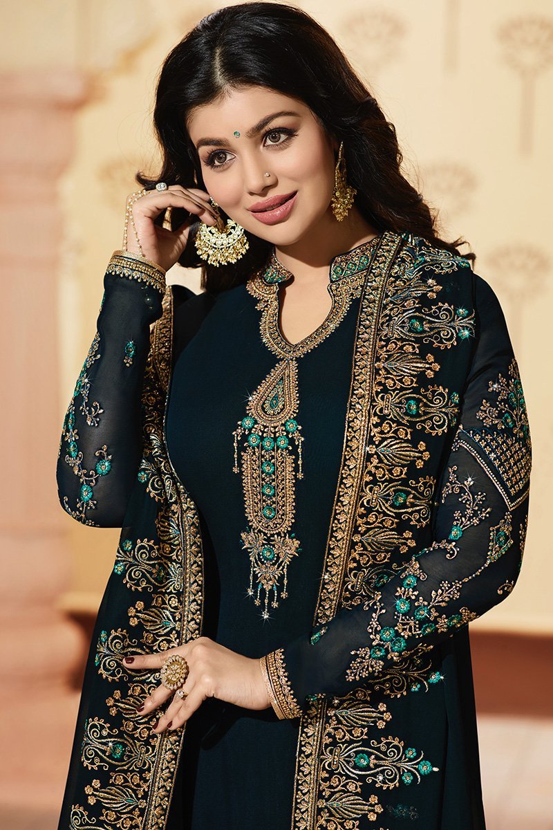 Prussian-Blue Pure Georgette Suit with Embroidery and Swarovski Work