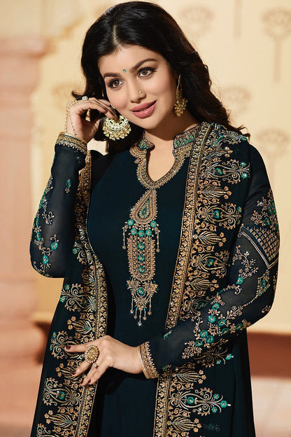Prussian-Blue Pure Georgette Suit with Embroidery and Swarovski Work