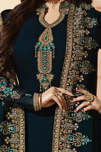 Prussian-Blue Pure Georgette Suit with Embroidery and Swarovski Work
