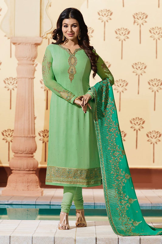 Kelly-Green Pure Georgette Suit with Embroidery and Swarovski Work