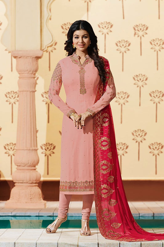 Blush-Pink Pure Georgette Suit with Embroidery and Swarovski Work