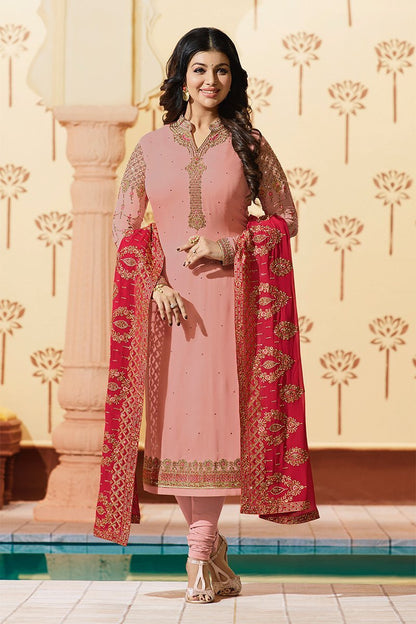 Blush-Pink Pure Georgette Suit with Embroidery and Swarovski Work