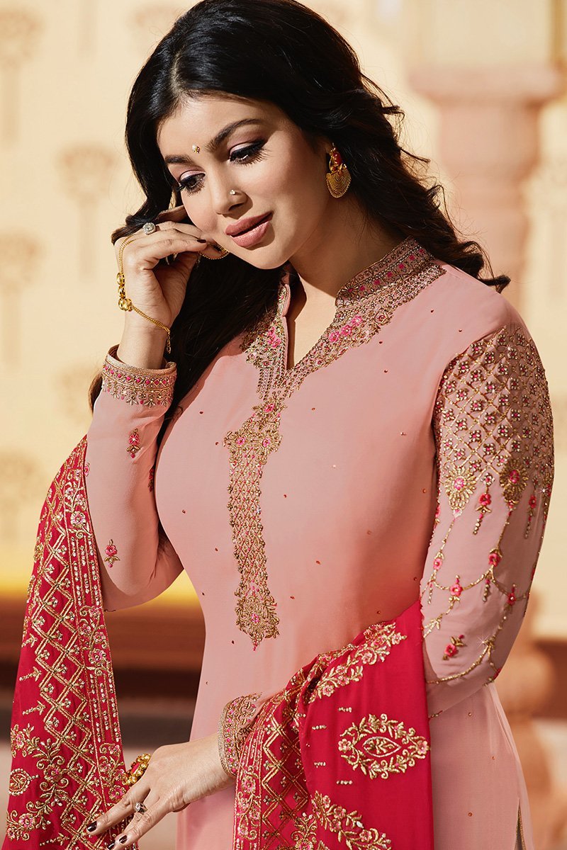 Blush-Pink Pure Georgette Suit with Embroidery and Swarovski Work