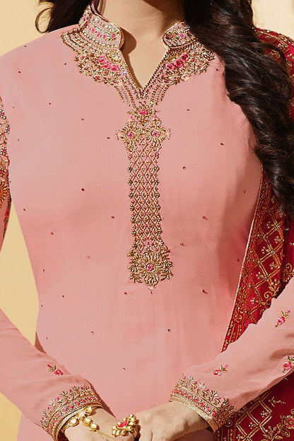 Blush-Pink Pure Georgette Suit with Embroidery and Swarovski Work