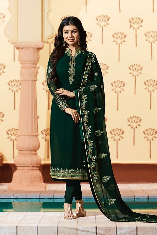 Pine-Green Pure Georgette Suit with Embroidery and Swarovski Work