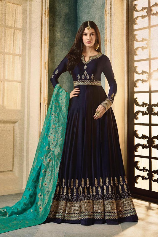 Navy Blue And Turquoise Motif Embroidered Party Wear Anarkali Suit