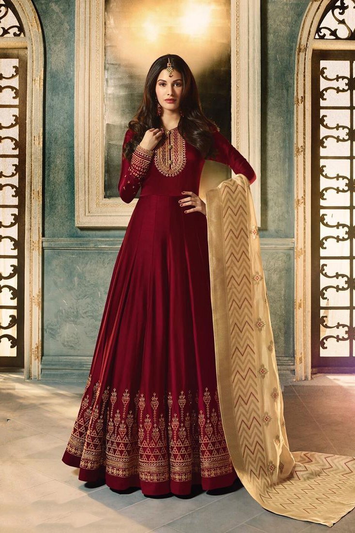 Maroon And Cream Motif Embroidered Ghera Party Wear Anarkali Suit