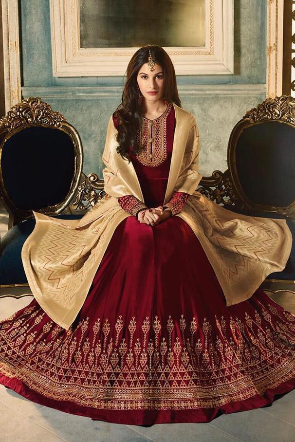 Maroon And Cream Motif Embroidered Ghera Party Wear Anarkali Suit