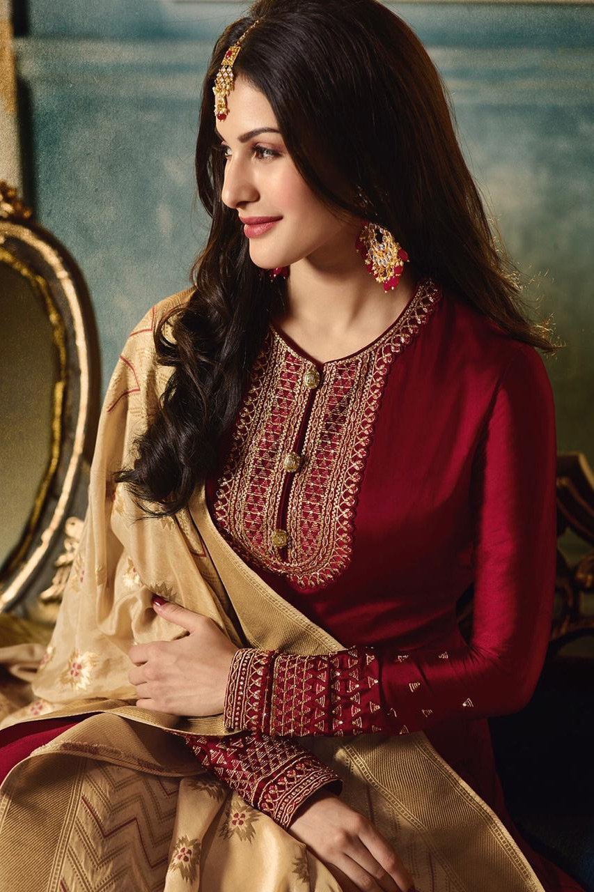 Maroon And Cream Motif Embroidered Ghera Party Wear Anarkali Suit