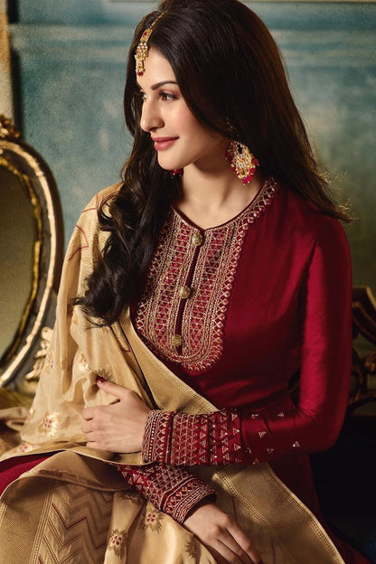 Maroon And Cream Motif Embroidered Ghera Party Wear Anarkali Suit