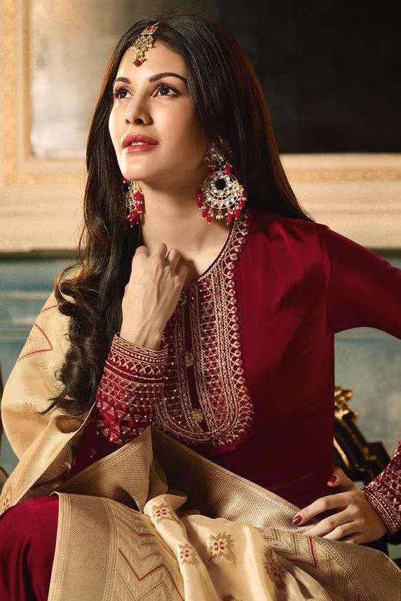 Maroon And Cream Motif Embroidered Ghera Party Wear Anarkali Suit