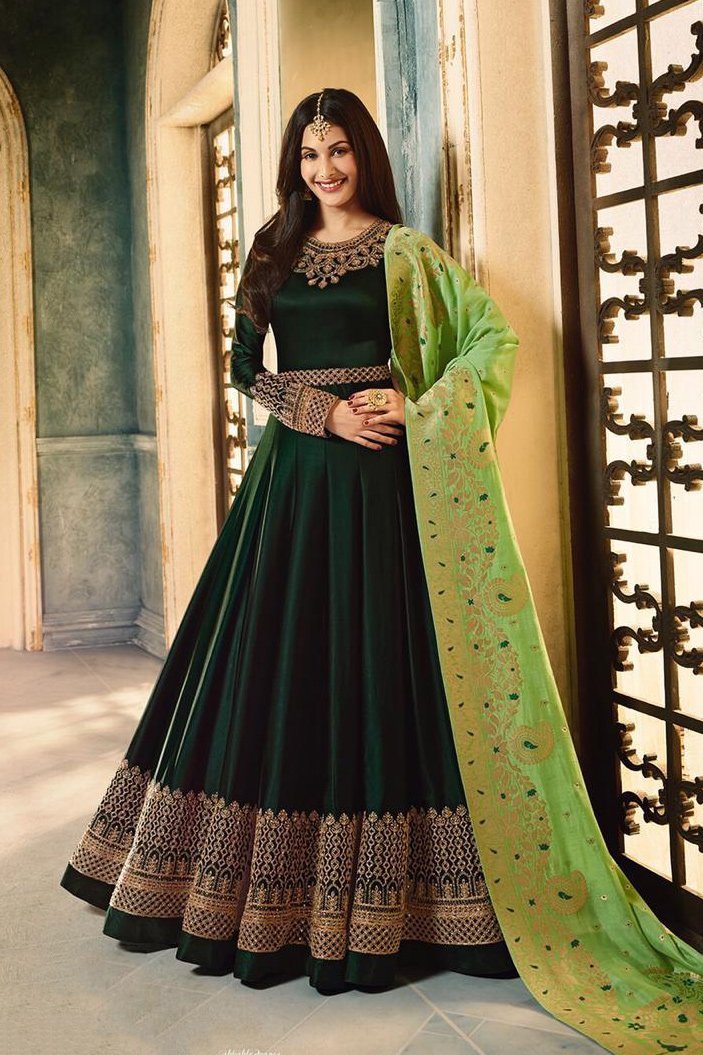 Green Dual Tone Motif Embroidered Ghera Party Wear Anarkali Suit