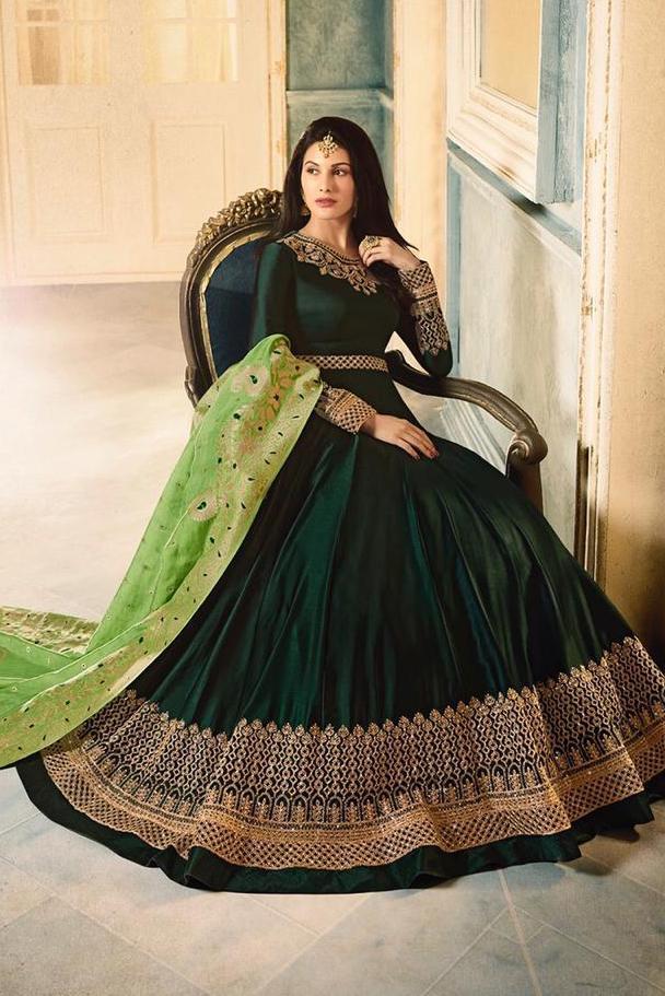 Green Dual Tone Motif Embroidered Ghera Party Wear Anarkali Suit