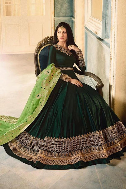 Green Dual Tone Motif Embroidered Ghera Party Wear Anarkali Suit