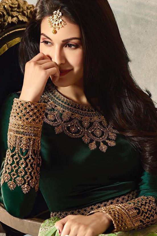 Green Dual Tone Motif Embroidered Ghera Party Wear Anarkali Suit
