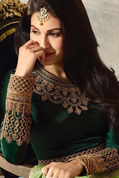 Green Dual Tone Motif Embroidered Ghera Party Wear Anarkali Suit