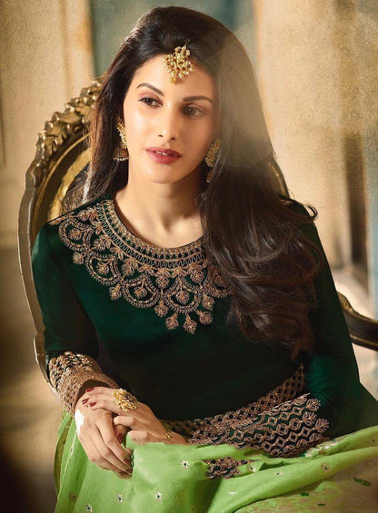 Green Dual Tone Motif Embroidered Ghera Party Wear Anarkali Suit