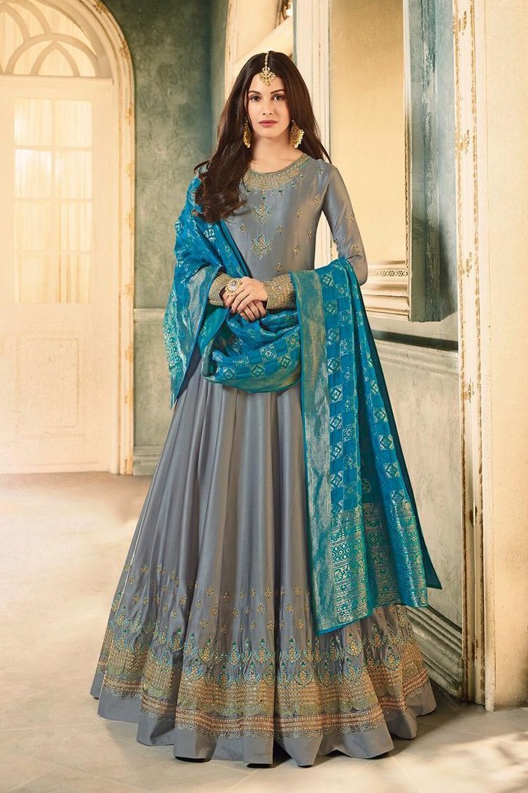 Slate Grey And Blue Motif Embroidered Ghera Party Wear Anarkali Suit