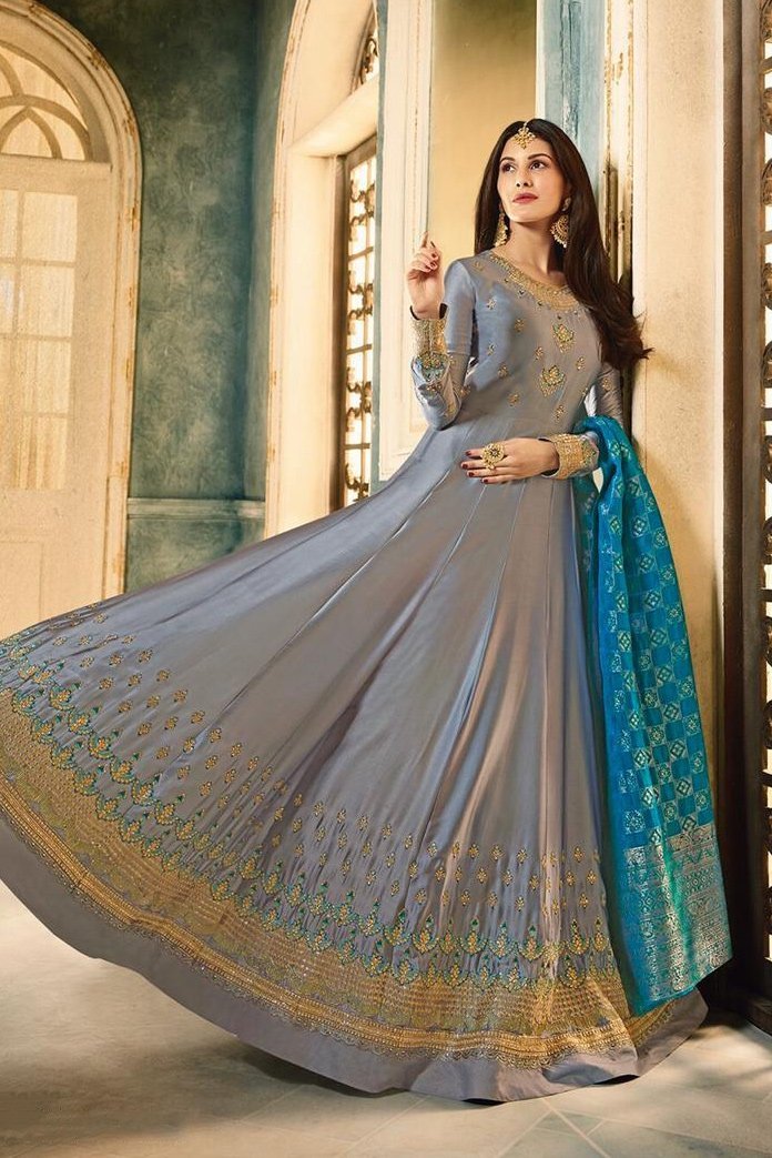 Slate Grey And Blue Motif Embroidered Ghera Party Wear Anarkali Suit