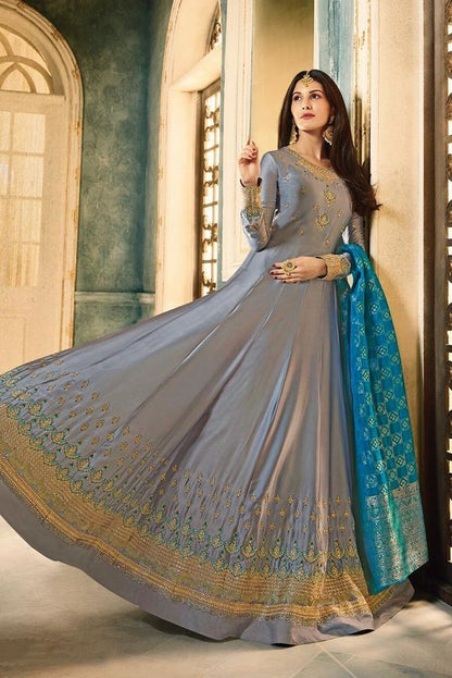 Slate Grey And Blue Motif Embroidered Ghera Party Wear Anarkali Suit