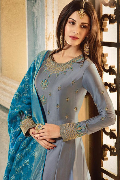 Slate Grey And Blue Motif Embroidered Ghera Party Wear Anarkali Suit