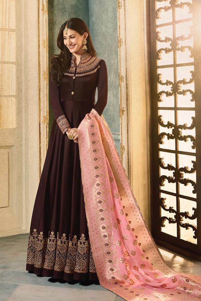 Dark Brown And Pink Motif Embroidered Ghera Party Wear Anarkali Suit