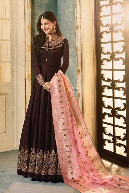 Dark Brown And Pink Motif Embroidered Ghera Party Wear Anarkali Suit