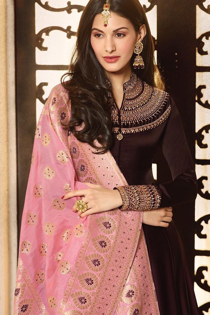 Dark Brown And Pink Motif Embroidered Ghera Party Wear Anarkali Suit