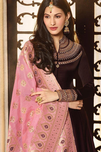 Dark Brown And Pink Motif Embroidered Ghera Party Wear Anarkali Suit