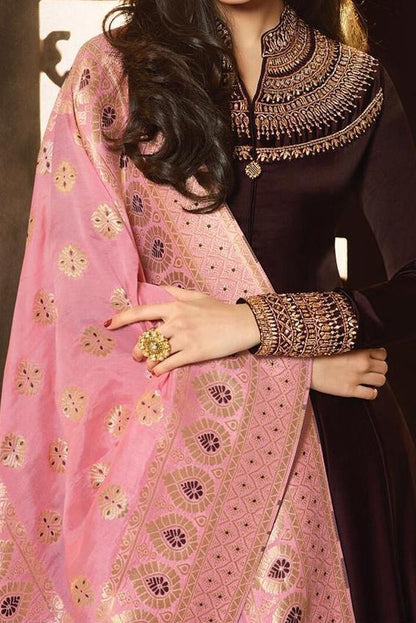 Dark Brown And Pink Motif Embroidered Ghera Party Wear Anarkali Suit