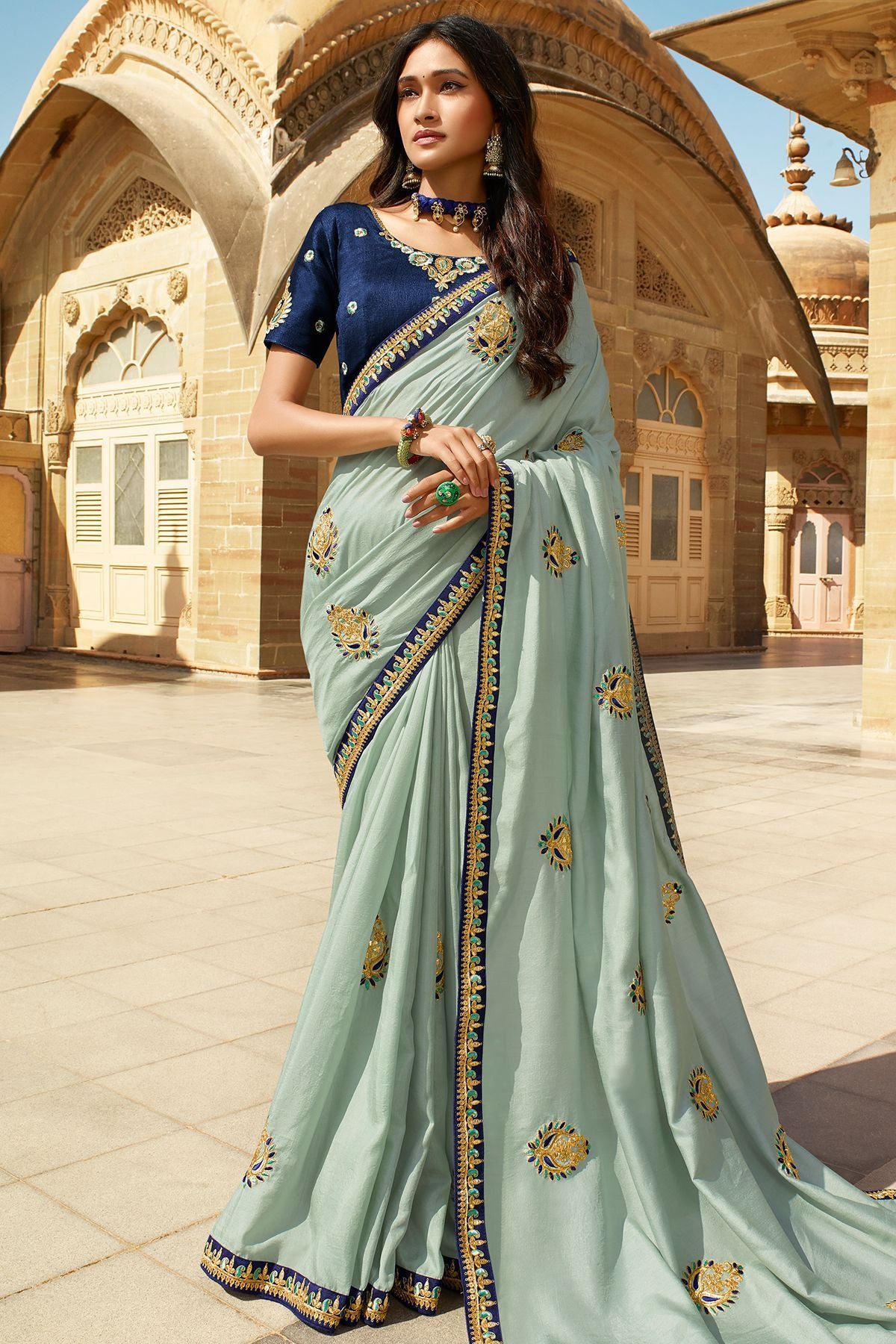 Sky and Navy Blue Dola Silk Sari