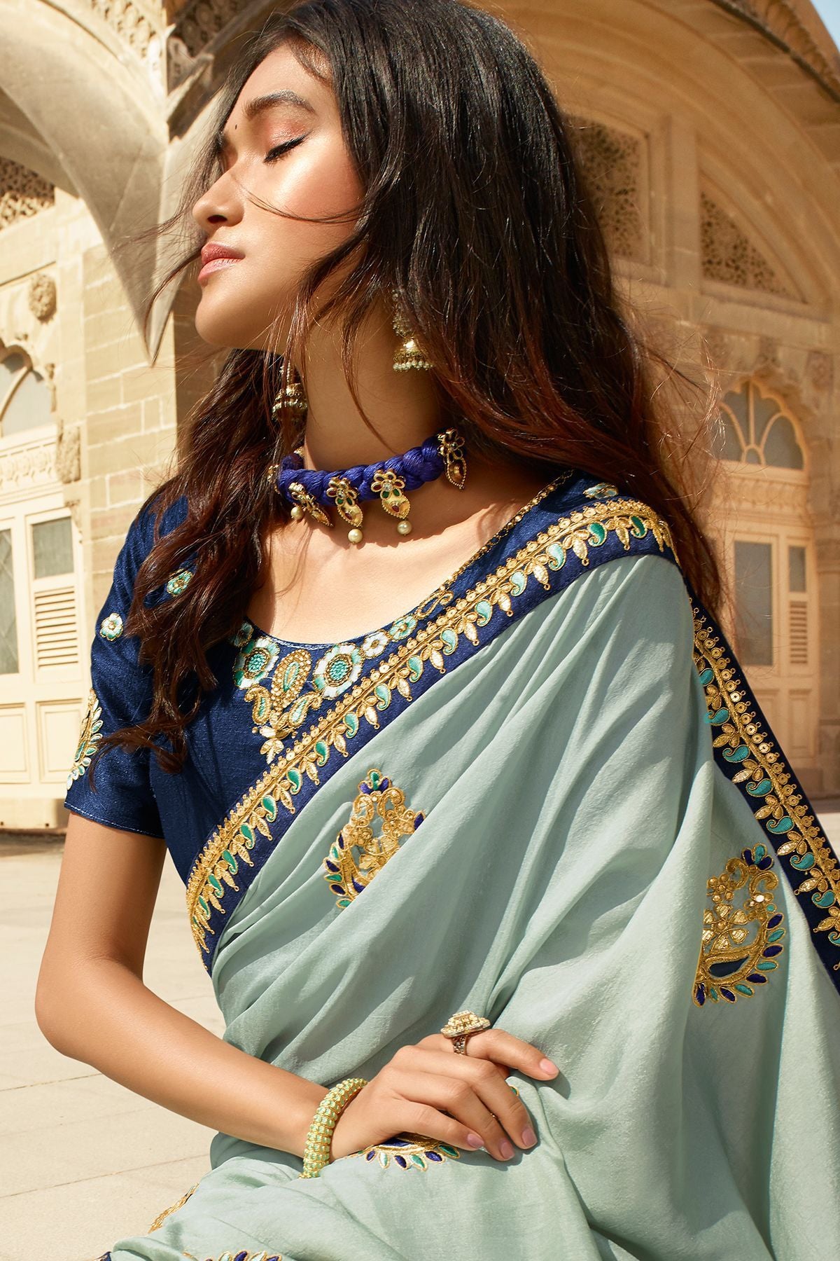 Sky and Navy Blue Dola Silk Sari