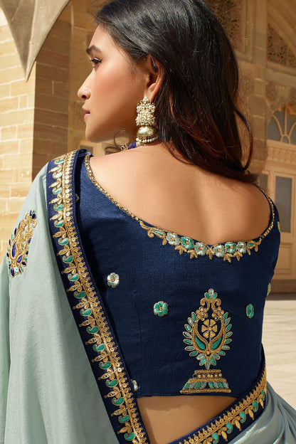 Sky and Navy Blue Dola Silk Sari